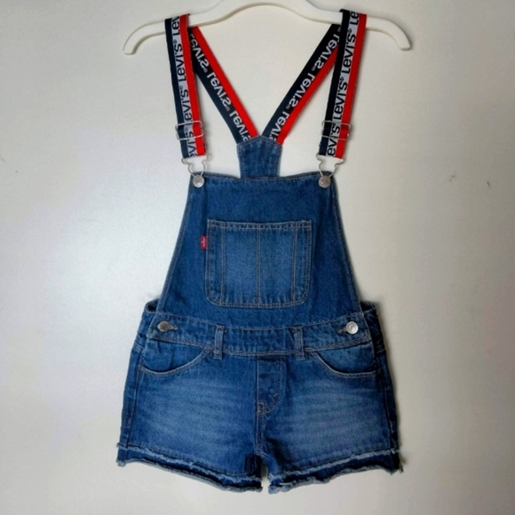 Levi's Jeans Overalls‎ Shortall Logo Spell Out Straps Blue Girls Size 10 Reg. - Picture 1 of 10